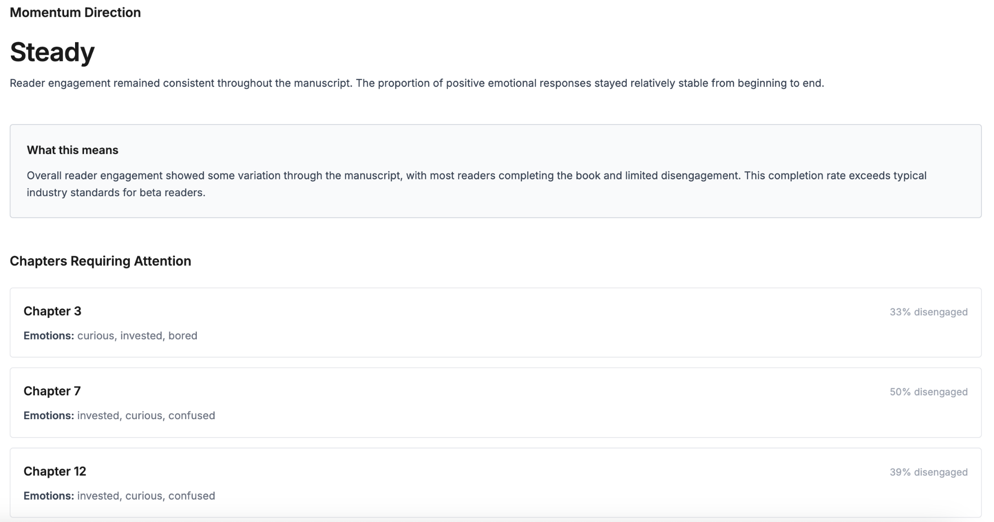 Momentum Direction showing engagement consistency and chapters requiring attention
